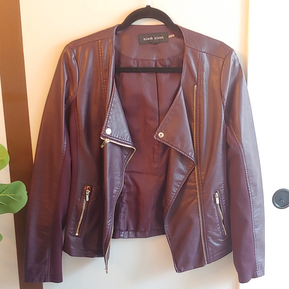 BLACK RIVET Maroon Vegan Leather Asymmetric Zip Moto Jacket!